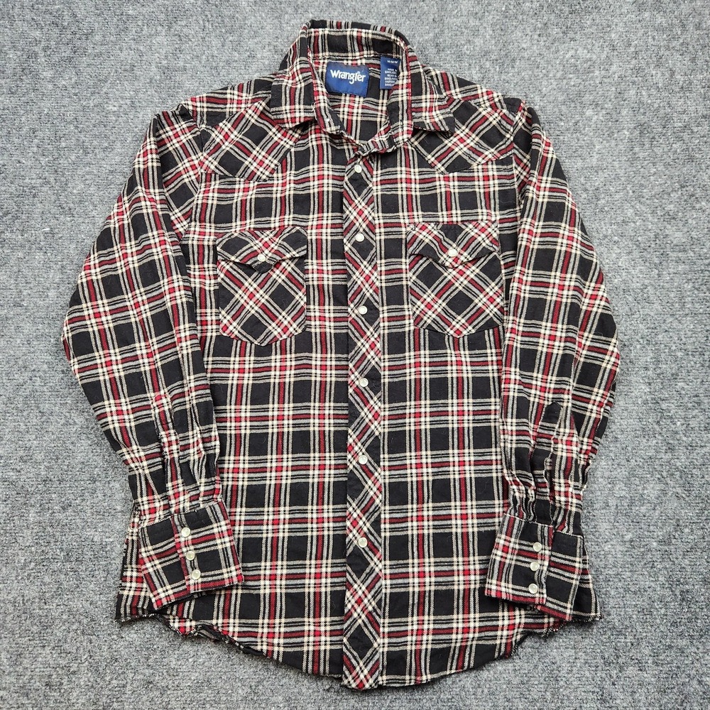 Wrangler Flannel Shirt Mens Medium Black Plaid Western Pearl‎ Snap Long Sleeve